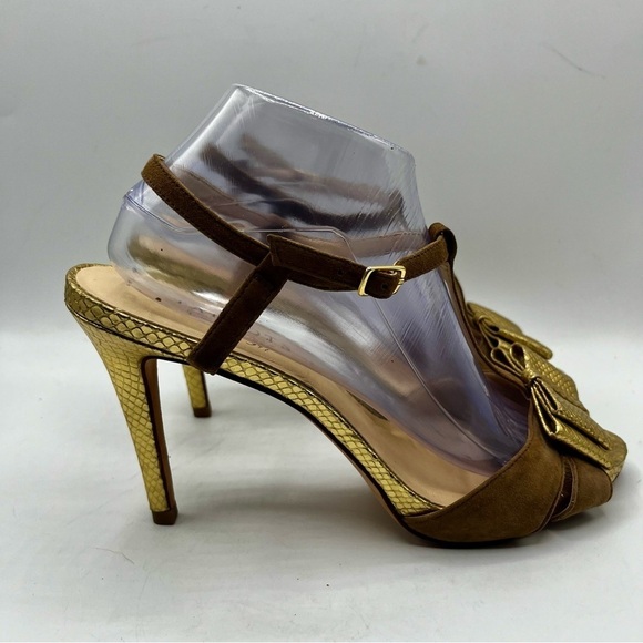 Talbots Gold Embossed Leather Tan Suede Open Toe Bow Accent Heeled Sandals 9.5B - Picture 5 of 12